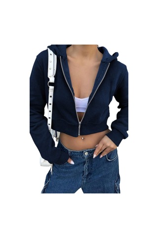Lacivert Kadın Crop Fermuarlı Kapüşonlu Sweatshirt Lacivert