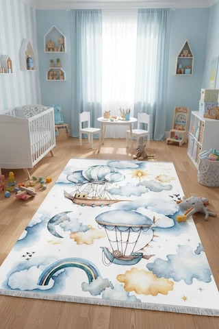 Blghome Bulut Ve Uçan Balon Çocuk Odası Halısı Ekru