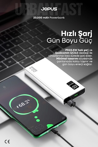 Jopus 20000mah Powerbank Pd 22.5w Hızlı Şarj - Dijital Ekranlı - Taşınabilir Şarj Cihazı Beyaz