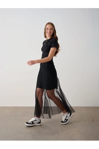 Kız Çocuk Tül Detaylı Astarlı Etek-14786 Siyah