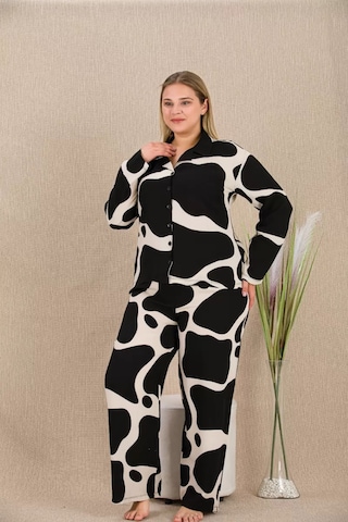Naam Büyük Beden Siyah Beyaz Desenli Düğmeli Uzun Kol Viskon Pijama Takımı Çok Renkli