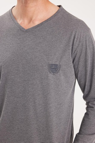 Tudors Erkek Standart Fit %100 Pamuk V Yaka Beli Lastikli Gri Pijama Takımı-37938 Gri