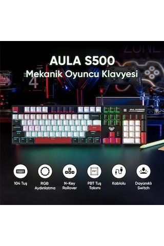 Aula S500 Blue Switch Rgb Makrolu Kablolu Gaming Mekanik Oyuncu Klavyesi Kırmızı