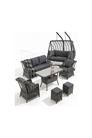 Dora Garden Home Ecem 7 Kişilik Rattan Bahçe Mobilyası Ve 2 Kişilik Rattan Salıncak Seti-antrasit