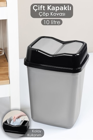 Çift Kapaklı Plastik Çöp Kovası - Ev Ofis Banyo Mutfak Çöp Kovası Gri 10 Litre Gri
