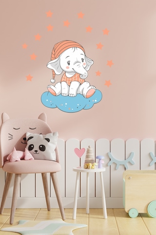 Bulutta Oturan Sevimli Fil ve Yıldızlar Çocuk Odası Duvar Sticker