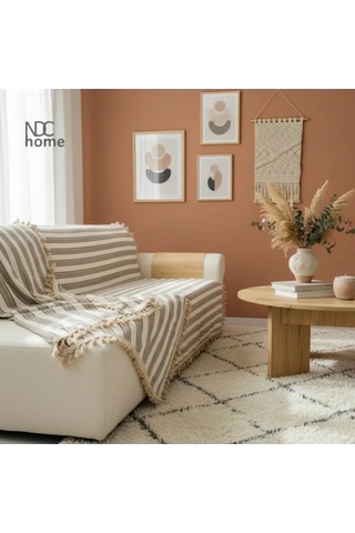 Premium Keten Kahverengi Çizgili Bej Ponponlu Koltuk Örtüsü 170 X 220 Kahverengi - Bej