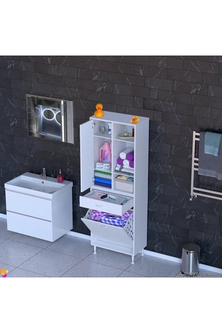 Eliusta Mira Dolap 6 Bölme Çok Fonksiyonlu Banyo Dolabı 65 Cm Beyaz Sepetli Dolap 65x171x32,5 Cm Organizer Beyaz