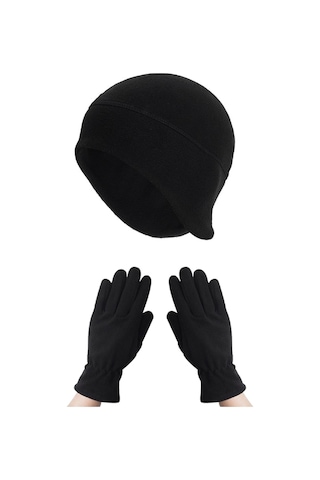 Kadın Kışlık Termal Polar Eldiven - Polar Kulaklıklı Bere 2'li Set Siyah