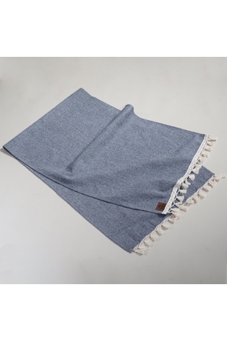 Vivamaison Lacivert Düz Püsküllü Pamuk Kumaş 45X150 CM Runner