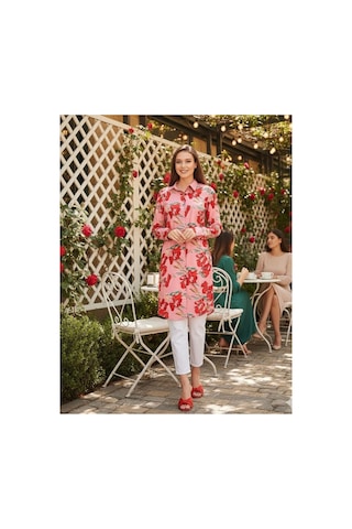 Polologin Butik Çiçek Desenli Uzun Gömlek Tunik - Pembe/kırmızı Pembe