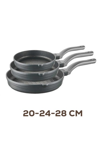 Oms 3738 Biogranit Döküm Grill Ergonomik Saplı 3 Parça Tava Seti Gri 20-24-28cm Gri