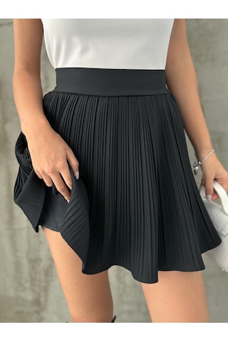 Fashion Cocktail Astarı Şortlu Pileli Pliseli Beli Lastikli Ofis Günlük Gecelik Mini Dalgalı Hareketli Şort Etek Siyah