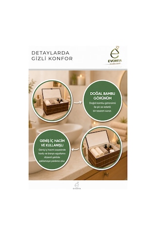 Evonita Kapaklı Bambu Görünümlü Saklama Kutusu Büyük Boy Düzenleyici Organizer Sepet Banyo Dolap Raf Düzeni Renkli