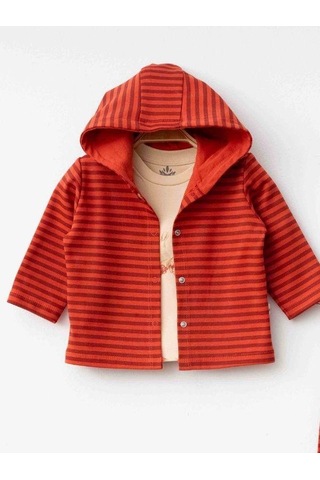 Zekids 3 Lü Organik Çizgili Kapüşonlu Bebek Eşofman Takımı-16165 Kırmızı