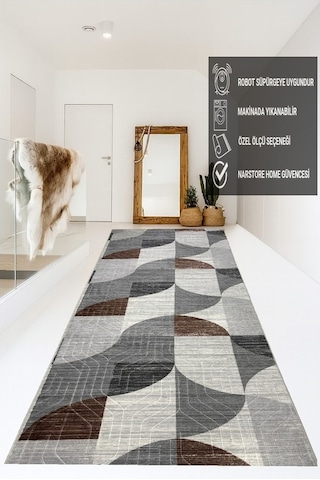 Kaymaz Taban Gri Kahve Modern Geometrik Yıkanabilir Salon Mutfak Koridor Yolluk Halı Gri-kahve