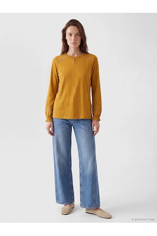 LC Waikiki Lcw Grace Sarı Fırfırlı Bisiklet Yaka Nakışlı Bluz Dark Yellow