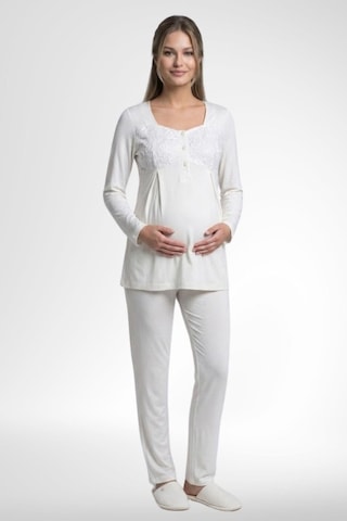 Mecit Pijama Mecit 6402 Kadın Elegant Ekru Dantel Pelerin Lohusa Pijama Takımı