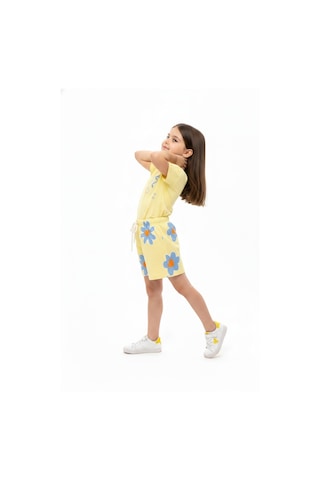 Toontoy Kids Toontoy Kız Çocuk 2'li Şortlu Takım Bisiklet Yaka Kısa Kollu Baskılı Tişört - Beli Lastikli Bağlamalı Baskılı Şort 25035 Açık Sarı