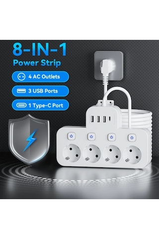 Xuweiwei 8 İn 1 Arada Standart Eu Priz 4 Usb Portu Usb C Portlu Bagimsiz Anahtarlı 152.4 304.8 Cm Uzatma Kablosu Siyah 5ft 1 5m