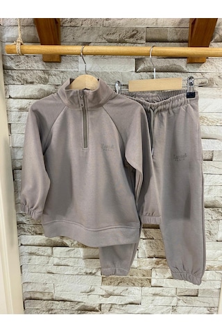 Lacıel Parıs Dik Yaka Kabartma Logolu Çocuk Eşofman Takım Kahverengi