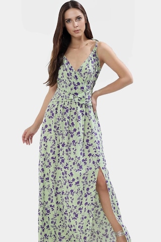 Ersefa Leopar Desenli Kolsuz Viskoz Maxi Elbise A Line Kesim Yırtmaç Detay Zarifane Tasarım Modern Stil Yeşil