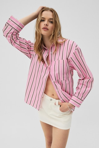 Grimelange Grımelange Mırel Kadın Oversize Fit %100 Organik Pamuklu Pembe Çizgili Gömlek