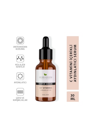 Herbaderm Superserum Saf Vitamin C Antioksidant Aydınlatıcı Kırışıklık Karşıtı Doğal Serum 30 ML
