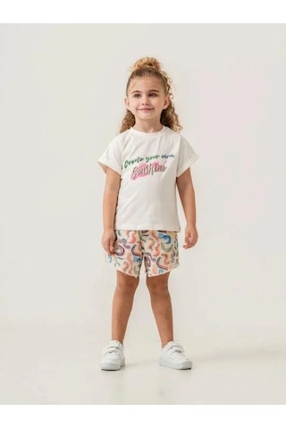 Kız Çocuk Pamuklu Dokuma Şort T-shirt Takım-15881 Çok Renkli