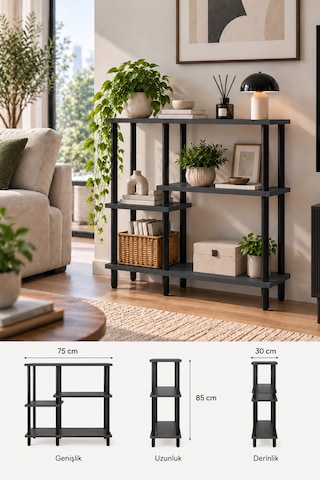Modern 4 Raflı Kitaplık Salon Düzenleyici Metal Ayaklı Dekoratif Kitaplık Ve Çok Amaçlı Raf Ünitesi Antrasit