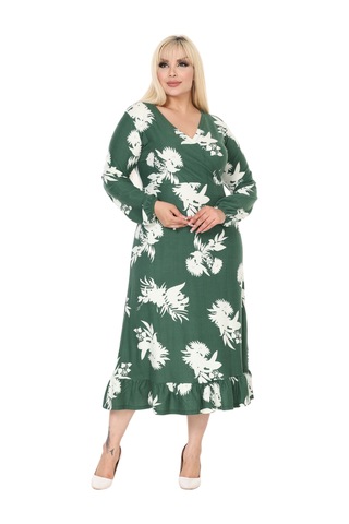 Melsay Butik Kışlık Yumoş Kumaş Kruvaze Yaka Yeşil Beyaz Yaprak Desen Eteği Fırfırlı Midi Elbise Yeşil