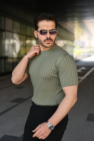 Veraura Lifestyle Erkek Fitilli Bisiklet Yaka Kısa Kollu Tişört haki