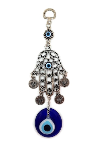 Fatma Eli - Hamsa Metal Duvar Süsü Cam Nazarlık Sallantılı 20x6cm