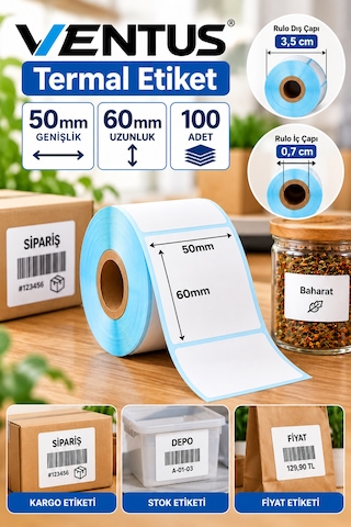 Ventus 50mmx60mm Termal Etiket 1 Rulo 100 Etiket