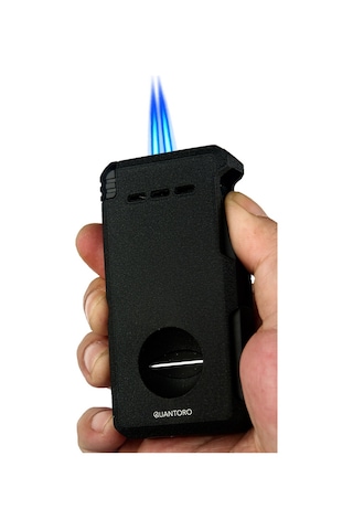 Quantoro Çift Torch Pürmüz V-cut/delicili/iğneli Mat Siyah Metal Puro Çakmağı - Trz1086