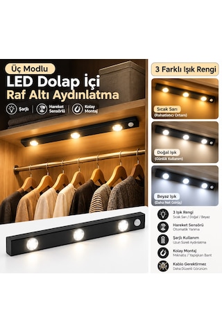 Dolap Raf İçi Mutfak Tezgah 3 Renkli Aydınlatma Hareket Sensörlü 40 Cm Led Şarjlı .