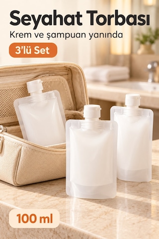 Doldurulabilir Seyahat Torbası Şişe Seti Sızdırmaz Silikon Kozmetik Kabı 100ml 3'lü Beyaz