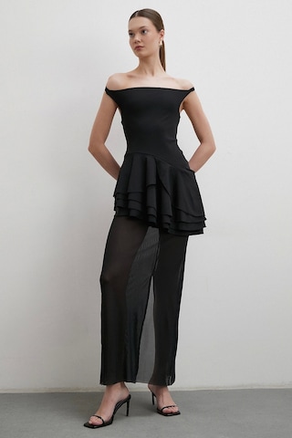Boyun Askılı Fırfırlı Tül Elbise Siyah Siyah