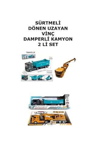 Sürtmeli Dönen Uzayan Vinç Damperli Kamyon 2 Li Set 25 Cm