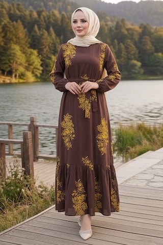 Bestenur Noyra Desenli Viskon Elbise 1722 - Kahve