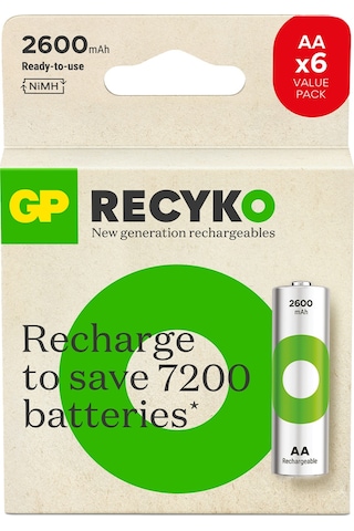 GP Batteries ReCyko 2600mAh AA Kalem 6’lı Kart + GP Batteries ReCyko 950mAh AAA İnce 6’lı Kart