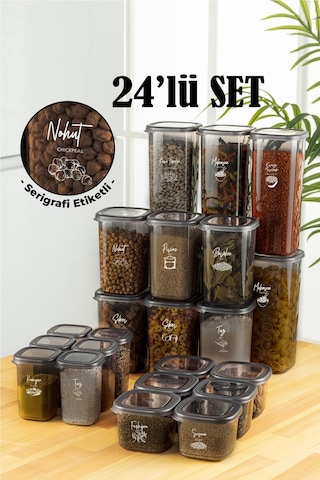 Vienev 24'lü Beyaz Serigrafi Etiketli Peggy Kare Erzak Ve Baharat Full Set 6x 1,75 1,2, 0,55, 0,45 Ant Şeffaf