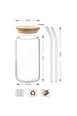 4lü Bambu Kapaklı Pipetli Cam Bardak Isıya Dayanıklı Borosilikat Kola Şekilli Kahve Sunum Bardağı