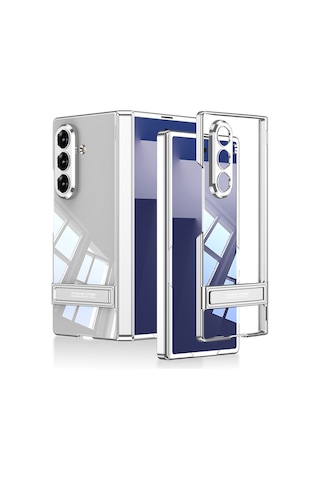 Thegencoo Samsung Uyumlu Galaxy Z Fold 7 Kılıf Kamera Korumalı Şeffaf Tasarımlı Zore Standlı Kapak - Gümüş