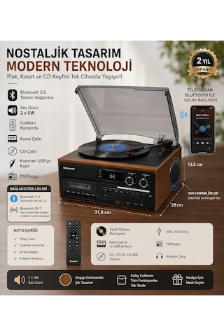 Dosound Tr-17s Ahşap Çok Fonksiyonlu Pikap Kaset Cd Usb Bluetooth Müzik Sistemi 1 Adet