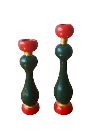 İkili Dekoratif Mumluk Seti Kırmızı & Yeşil, 19 Cm Ve 16 Cm, Yılbaşı Masa Dekorasyonu Yeşil - Kırmızı