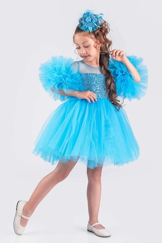 Kız Çocuk Abiye Elbise Ponpon Kol Pul Payetli Tütülü Mavi