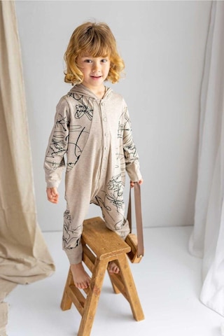 Oliven The Kid Oliventhekid Bej Ince Triko Geometrik Desenli Kapişonlu Önden Düğmeli Kışlık Unisex Çocuk Tulum Bej Bej