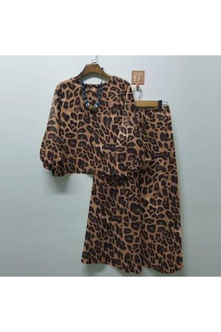 Zanzea Kadın Bluz Ve Pantolon Günlük Leopar Baskılı İki Parça Takım Elbise Kahverengi