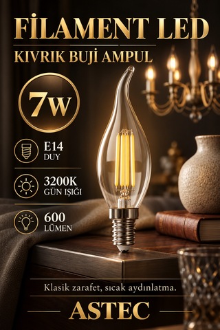 Astec E14 Filament Buji Ampul 7 Watt 3200k Gün Işığı Dekoratif Filament Led